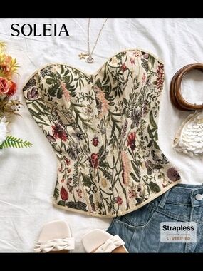 Floral Strapless Corset Top - Cream with Green & Multicolor Print